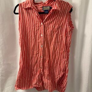 Red & White Striped Sleeveless Button-Up